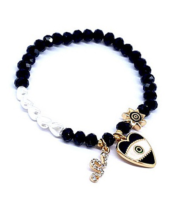 HEART EVILEYE CHARM FACET STONE AND PEARL MIX STRETCH BRACELET