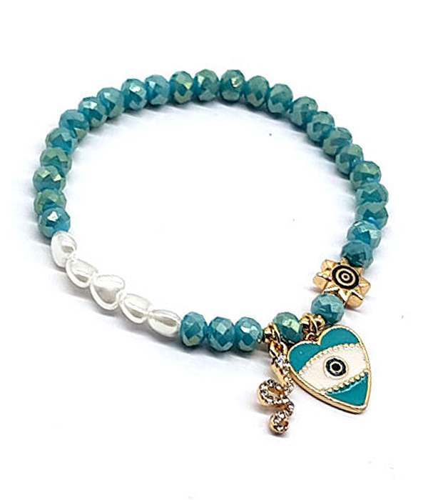HEART EVILEYE CHARM FACET STONE AND PEARL MIX STRETCH BRACELET
