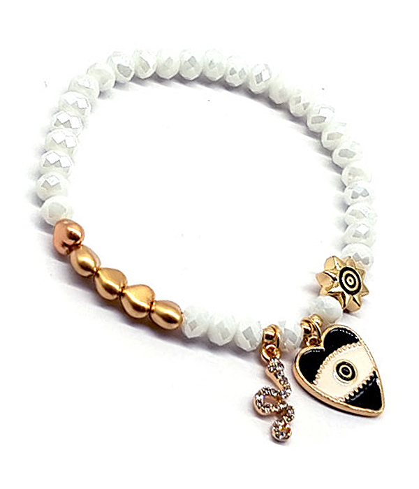 HEART EVILEYE CHARM FACET STONE AND PEARL MIX STRETCH BRACELET
