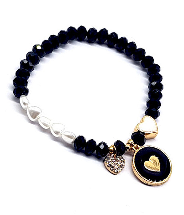 HEART DISC CHARM FACET STONE AND PEARL MIX STRETCH BRACELET