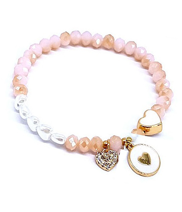 HEART DISC CHARM FACET STONE AND PEARL MIX STRETCH BRACELET