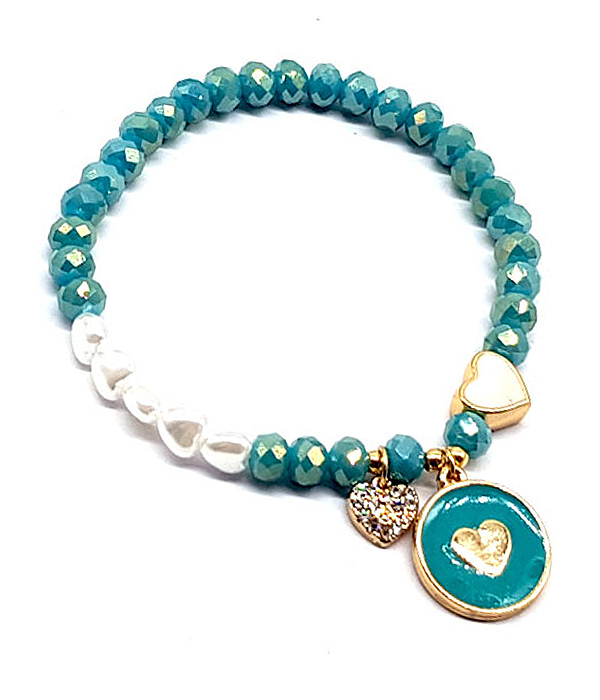 HEART DISC CHARM FACET STONE AND PEARL MIX STRETCH BRACELET