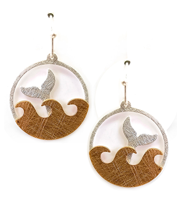 Scratch metal mermaid tail and wave earring - brass metal