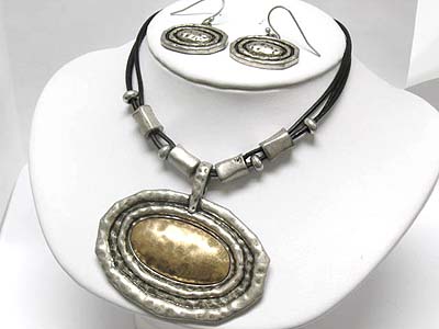Antique burnish metal pendant and cord necklace and earring set