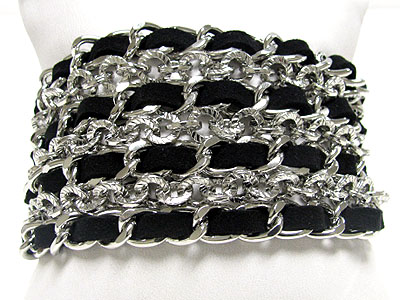 Metal chain and suede braided bracelet