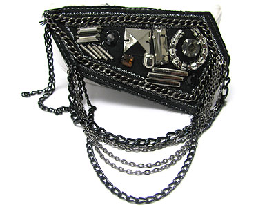 MULTI CHAIN HANGING FACET METAL STUD FABRIC BROOCH OR PIN