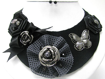 Metal flower and butterfly deco chiffon ribbon back bib style necklace
