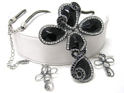 Crystal and facet glass deco cross pendant necklace set