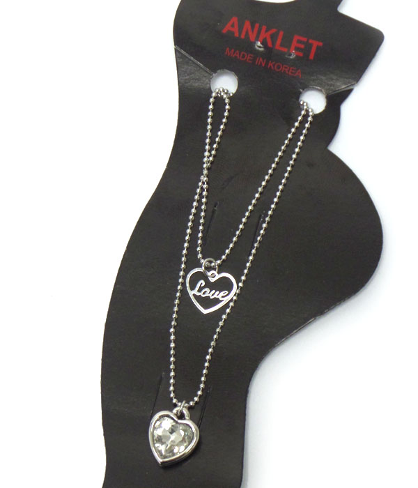 Made in korea whitegold plating crystal heart with love heart anklet