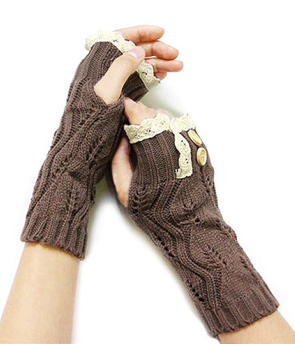 Vintage lace and double button accent open finger knit glove or arm warmer