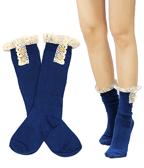 Vintage lace and button accent cotton socks