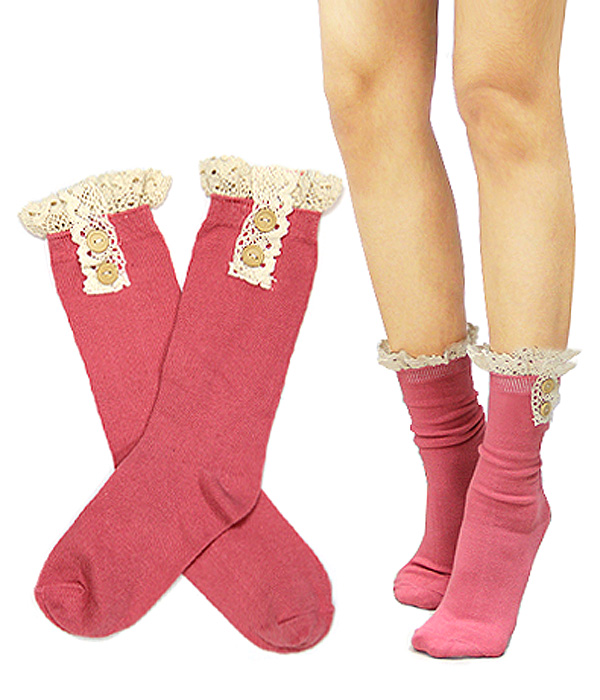 Vintage lace and button accent cotton socks