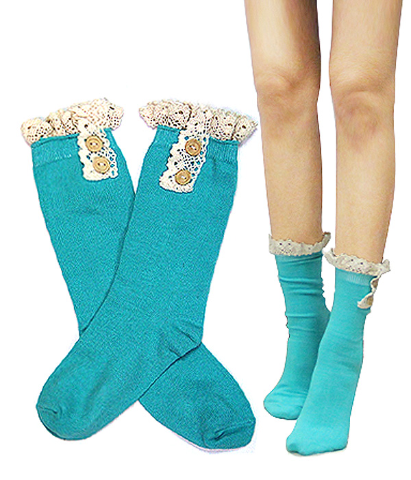 Vintage lace and button accent cotton socks