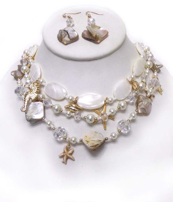 Three layer sealife shell necklace set