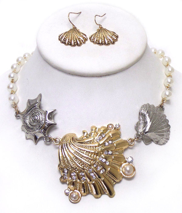 Sealife with pearls and metal shell necklace set 