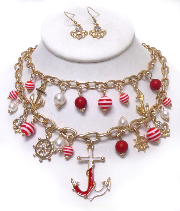 Double layer metal anchor  charm chain necklace set