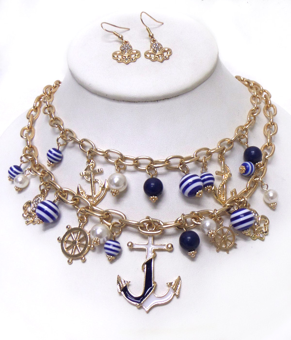 Double layer metal anchor  charm chain necklace set