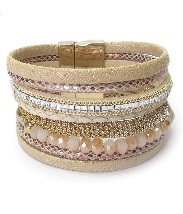 Multi layer leather and glass bead mix magnetic bracelet