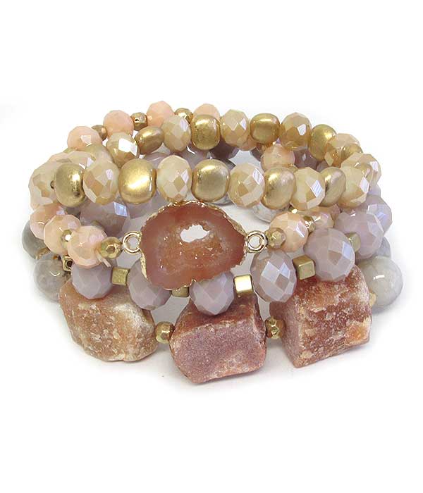 Druzy and multi facet glass bead mix 4 stretch bracelet set