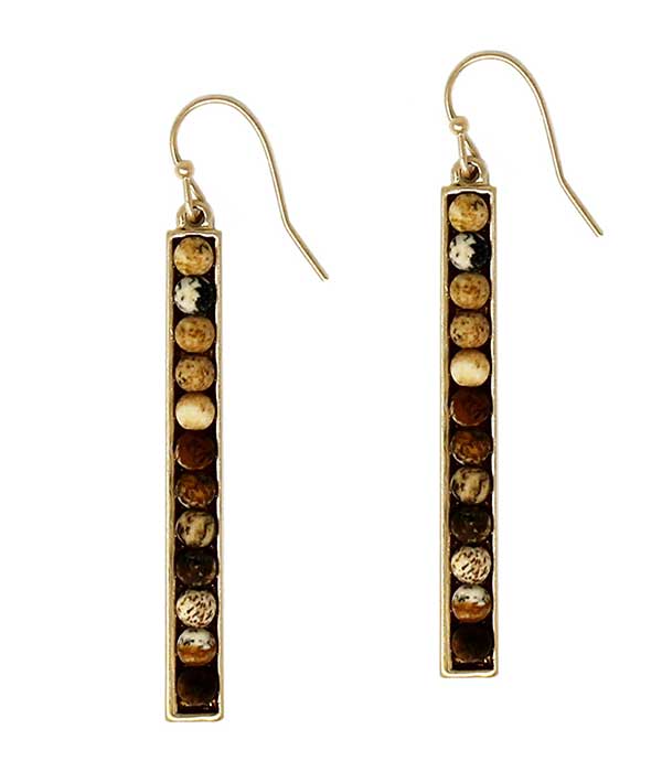 SEMI PRECIOUS STONE METAL BAR DROP EARRING - JASPER