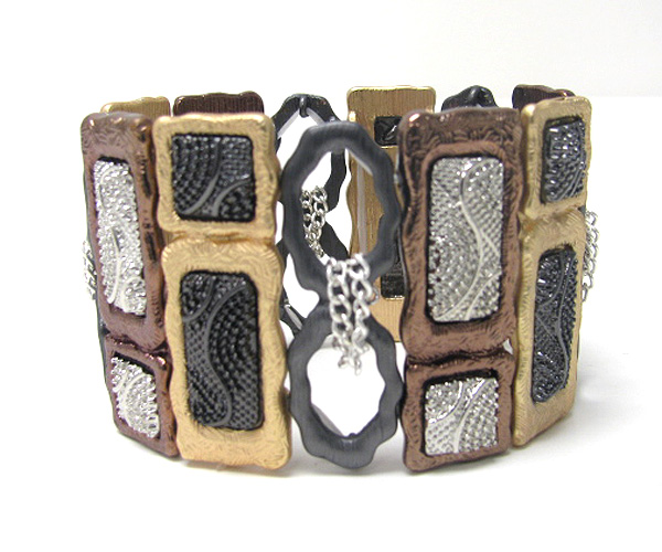 Multi tone and textured natural shape metal bar and chain link stretch bracelet