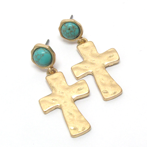 Hammered metal cross drop earring