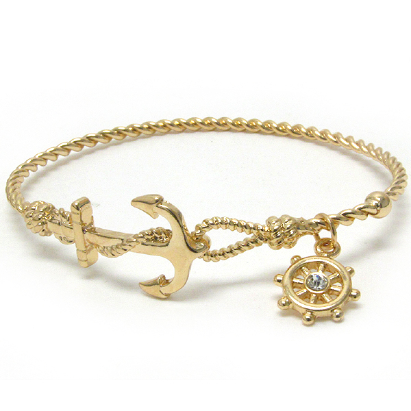 Crystal wheel charm and anchor and twist wire band bangle bracelet