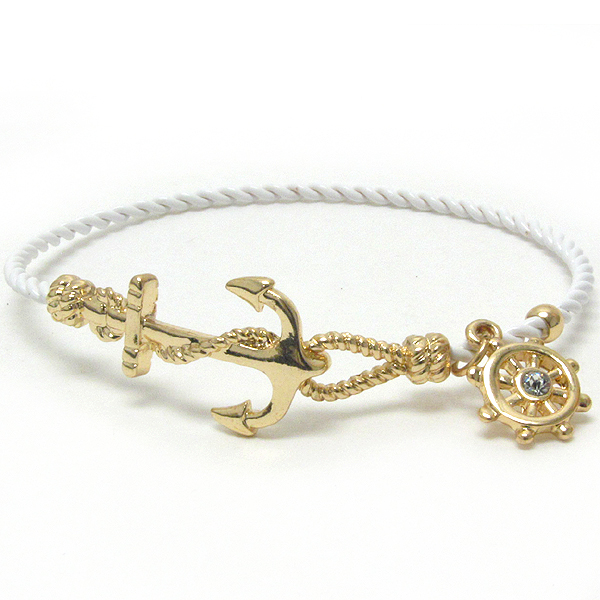 CRYSTAL WHEEL CHARM AND ANCHOR AND TWIST WIRE BAND BANGLE BRACELET