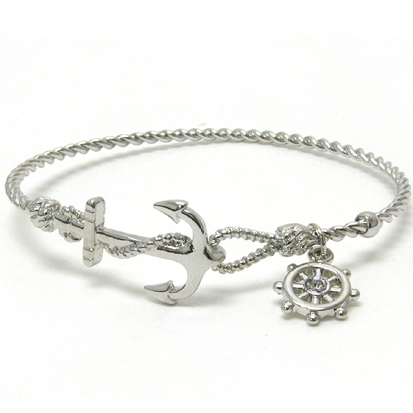 Crystal wheel charm and anchor and twist wire band bangle bracelet