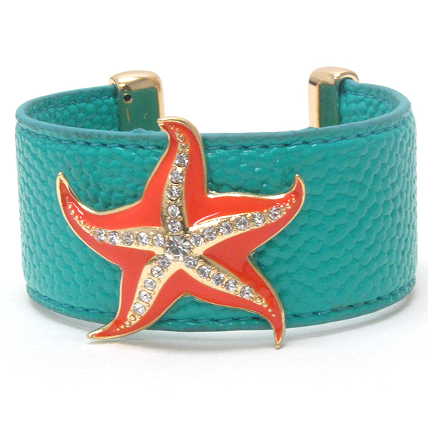 Crystal and epoxy starfish on leatherette bangle bracelet