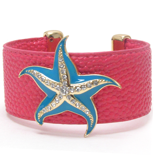 Crystal and epoxy starfish on leatherette bangle bracelet