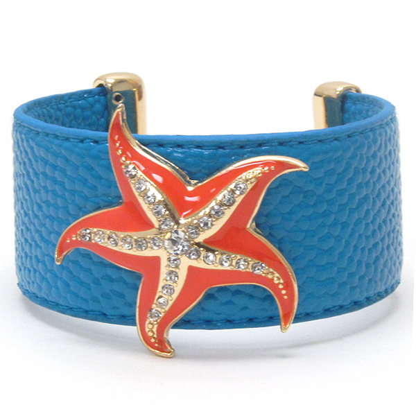 Crystal and epoxy starfish on leatherette bangle bracelet