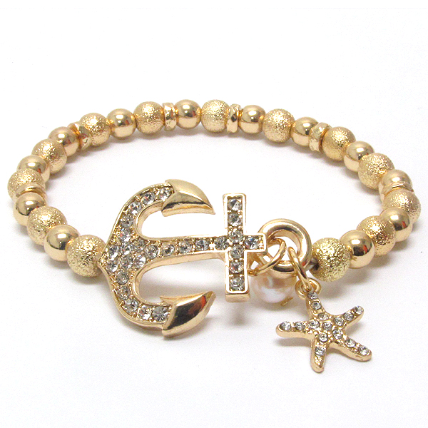 Crystal anchor and starfish charm stretch bracelet - nautical