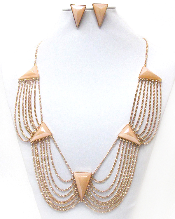 Triangular stone accent and multi chain link drop dress necklace earring set