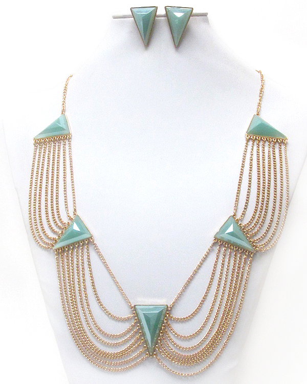 Triangular stone accent and multi chain link drop dress necklace earring set