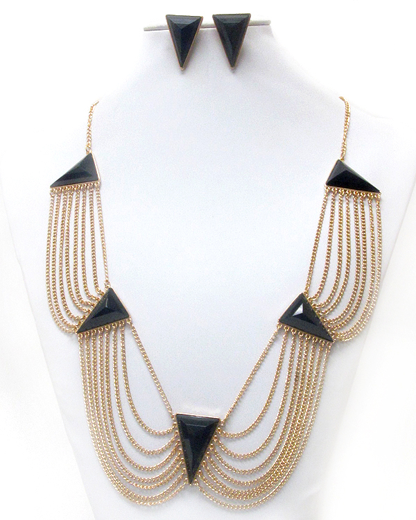 Triangular stone accent and multi chain link drop dress necklace earring set