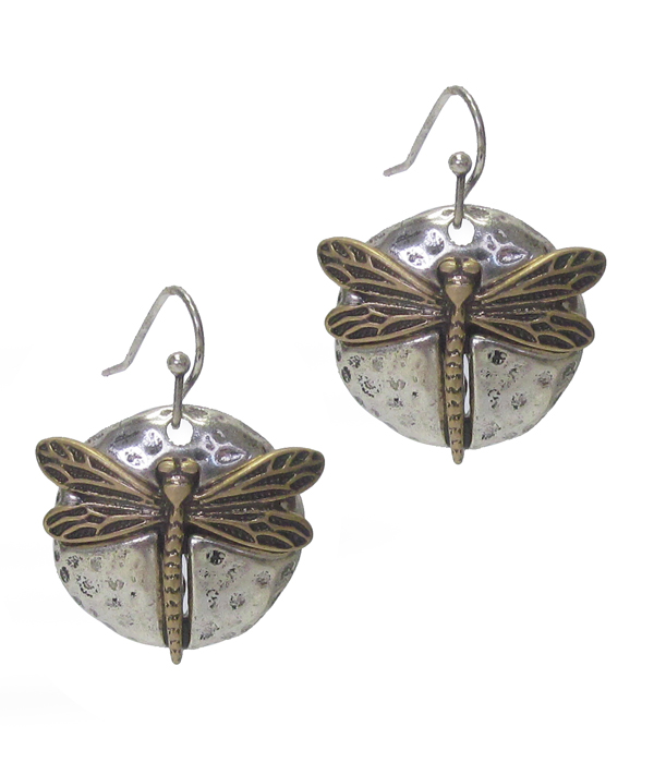 Dragonfly on hammered disk earring