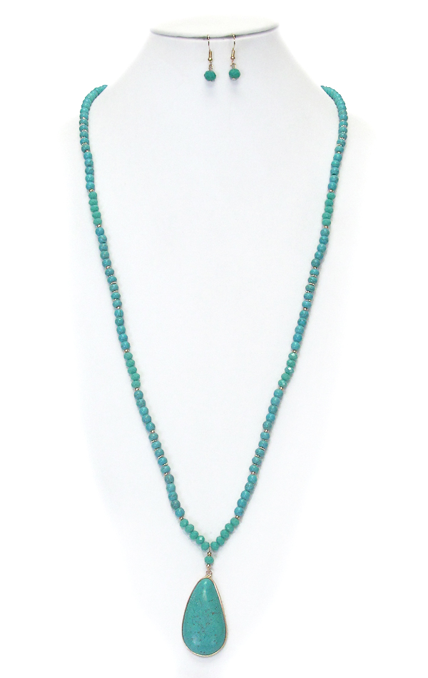 Teardrop turquoise pendant long necklace set