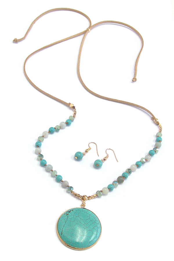 Turquoise pendant multi glass bead and suede adjustable long necklace set