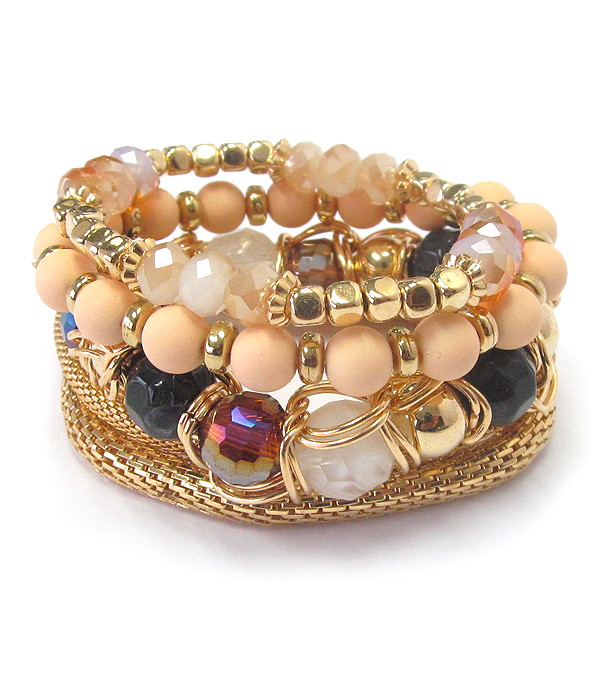 Multi glass bead and stretch metal chain mix bracelet set