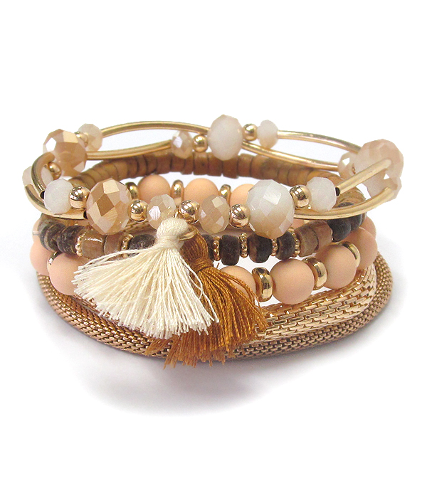 Multi wood bead and stretch metal chain mix tassel bracelet set