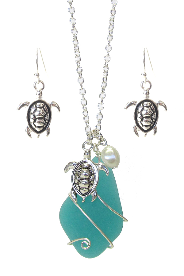 Sea glass wire wrap and fresh water pearl pendant necklace set - turtle