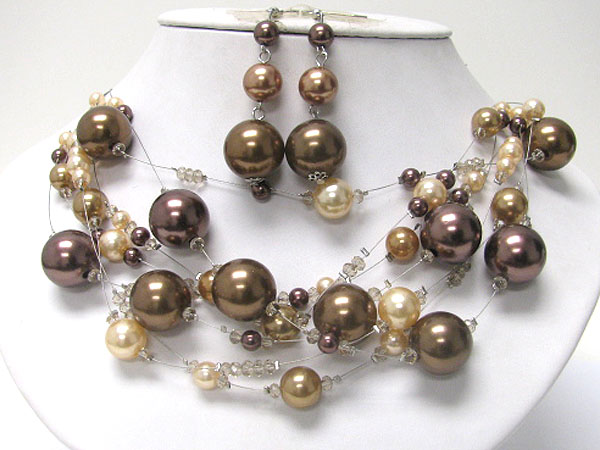 Multi pearl beads illusion necklace earring set