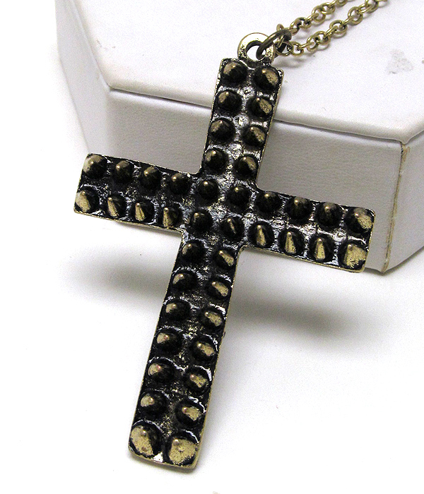 METAL SCRACH CROSS WITH MULTI SPIKE LONG CHAIN NECKLACE EARRING SET