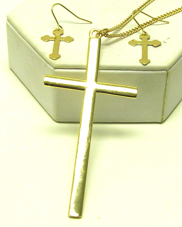 METAL PLAIN CROSS LONG CHAIN NECKLACE EARRING SET