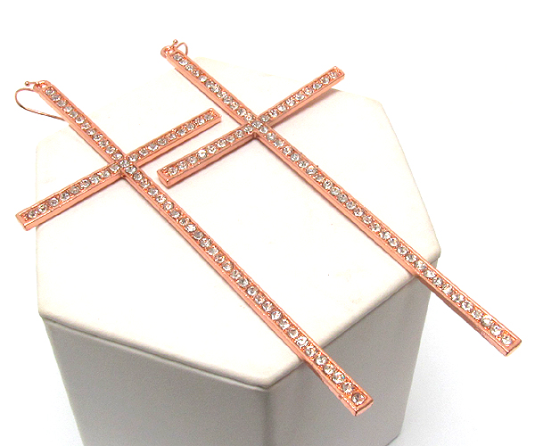 Crystal metal thin and long color cross earring