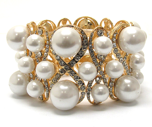 Crystal and multi size shape pearl patern stretch bracelet