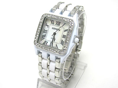Crystal frame square face metal band fashion watch
