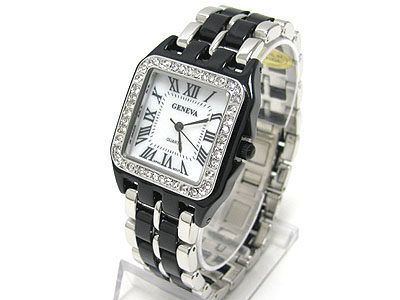 Crystal frame square face metal band fashion watch