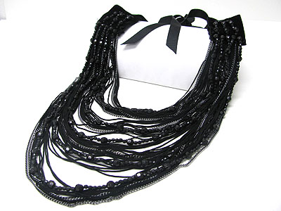 Metal strand mixed beads chiffon ribbon back necklace 